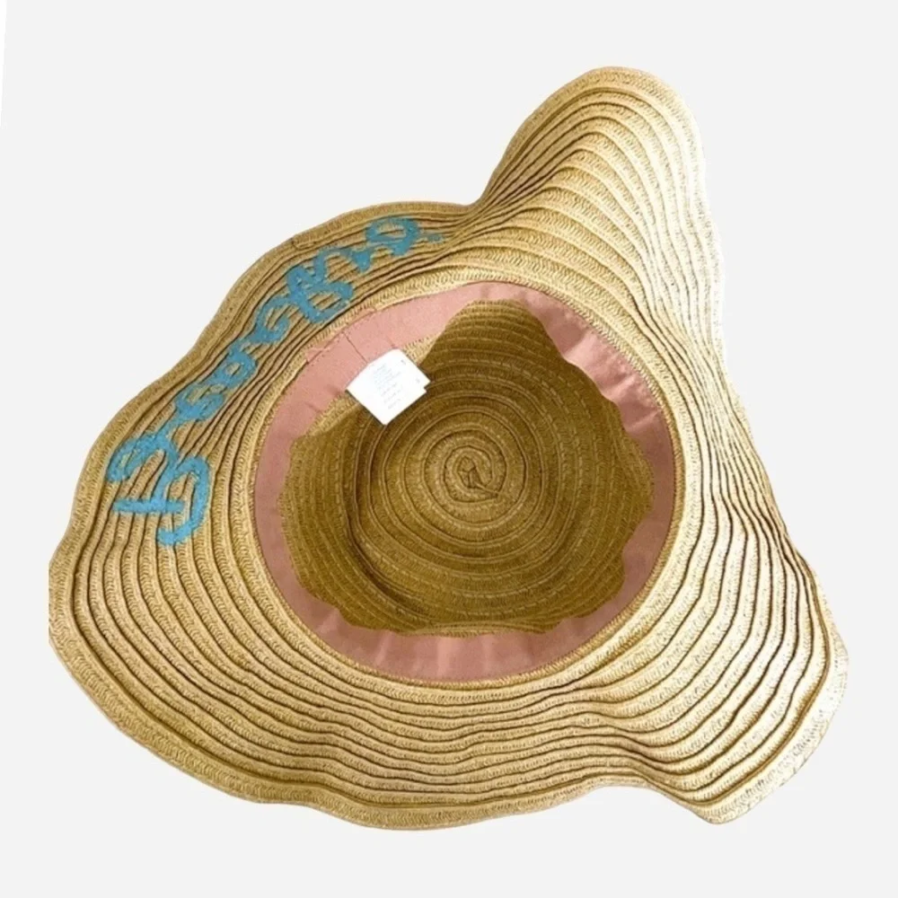 Accessory Depot Wide Brim Floppy Straw Beachy Embroidered Vacation Sun Hat NWT